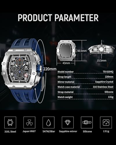Detalle de TSAR BOMBA TB-8204: Reloj dómine de acero 316L, esfera zafiro y cronógrafo deportivo para hombre
