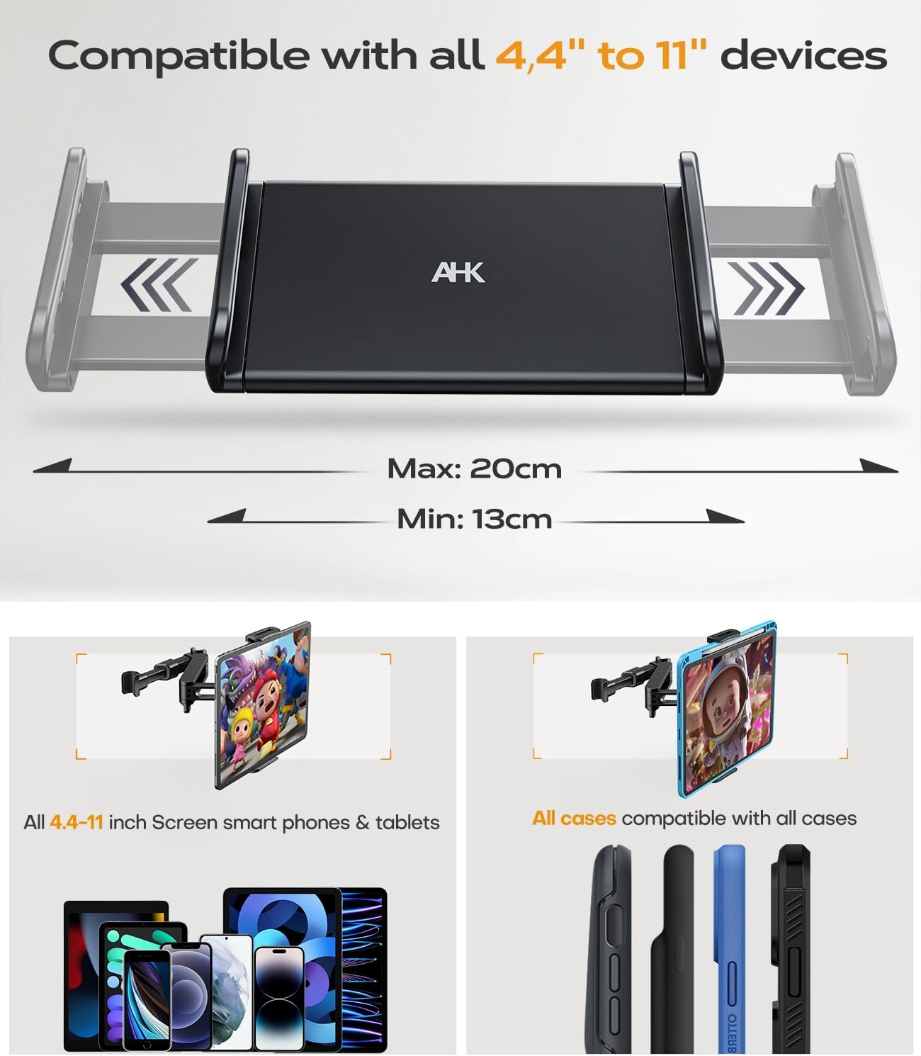 Detalle de AHK Support Tablette Voiture Extensible — Support d'appuie-tête rotatif 360° pour tablettes 4,4–11 pouces