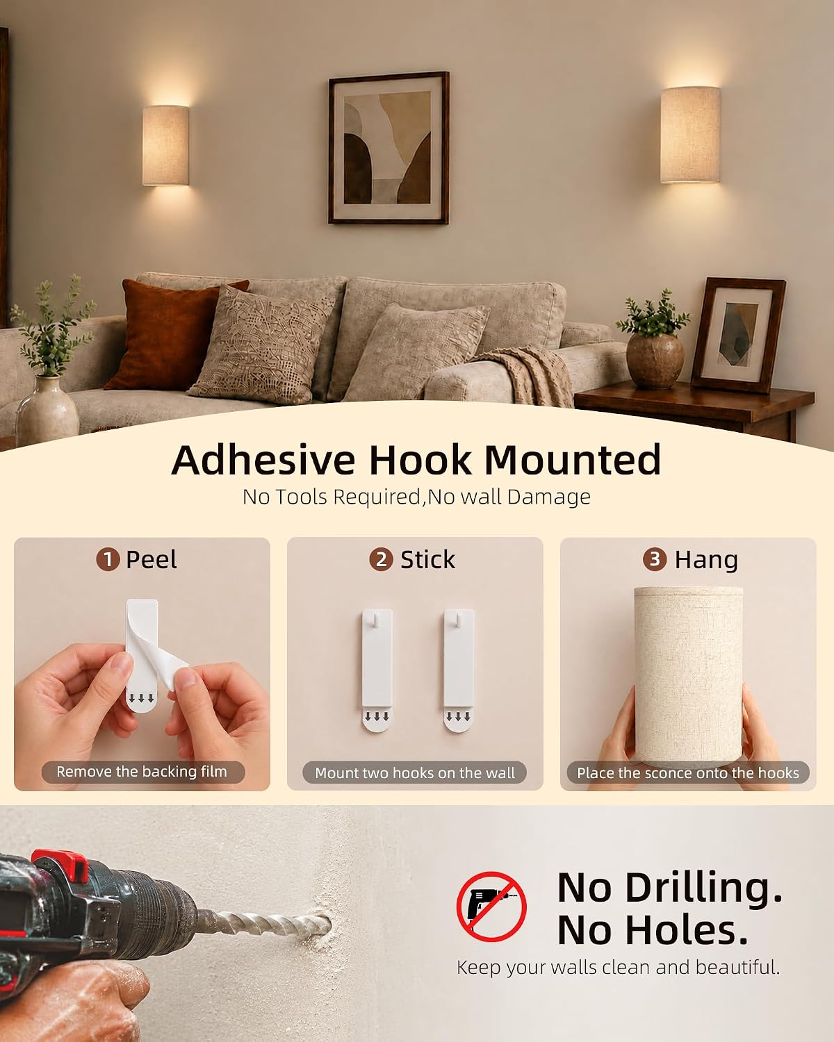 Detalle 2 de EZVALO Rechargeable Wall Sconce Set of Two with Remote, Linen Shade, RGB Lighting