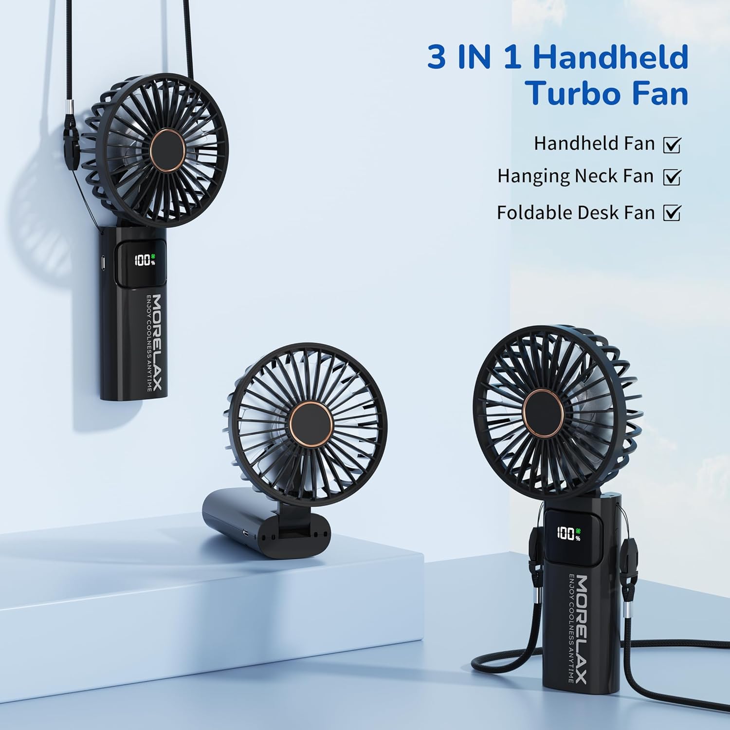 Thumbnail 3 de Morelax Handheld Fan: 6-Speed USB Rechargeable Personal Fan with 5200mAh Battery, 180° Foldable, 3-in-1 Desk/Neck/Handheld Use