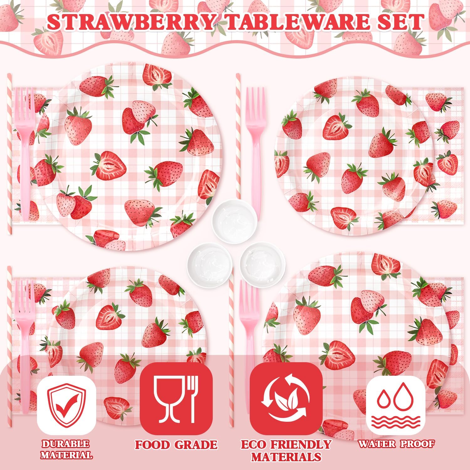 Detalle 2 de Strawberry Plates and Napkins Set 144pc 🍓