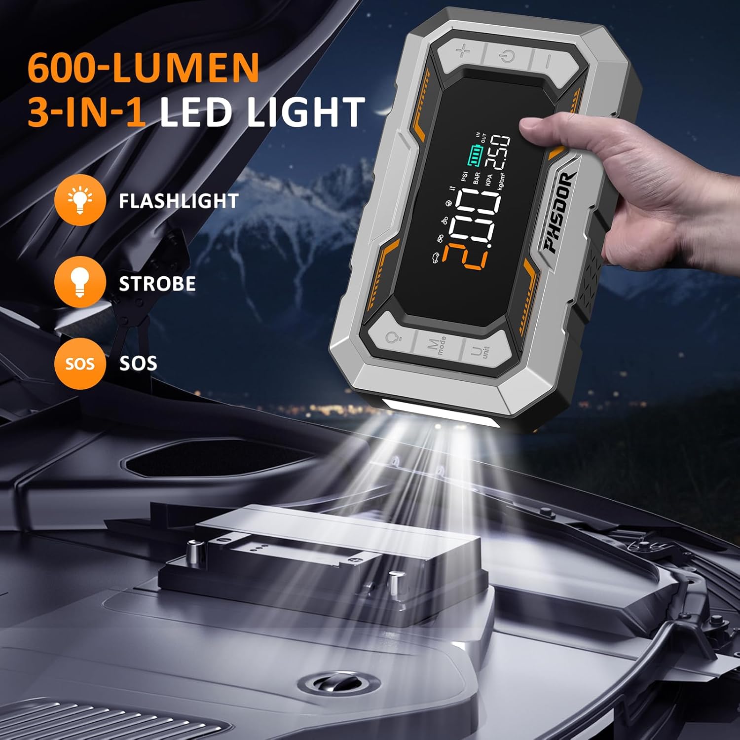 Thumbnail 5 de 8000A Jump Starter Power Pack with Air Compressor (25000mAh, 150 PSI) by 8000A – Silver & Orange