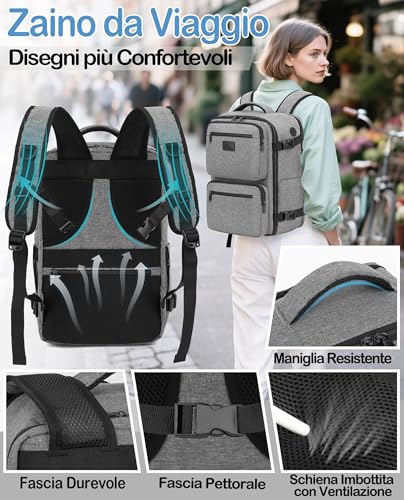 Detalle de LYNXCHER Zaino Ryanair 40x30x20 cm – 24L, Grigio, Scomparto Laptop 15,6'' con Apertura Rapida e Tasche Organizzate