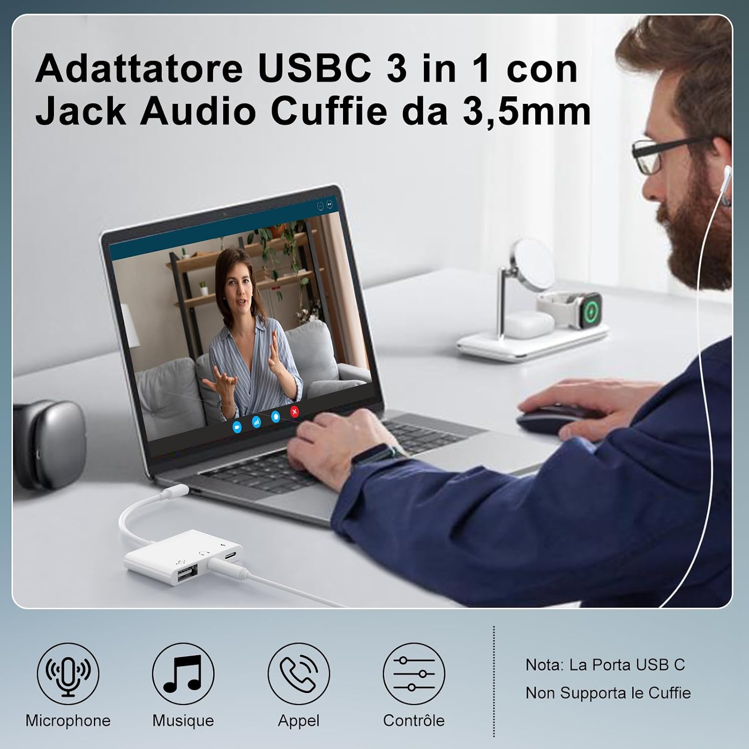 Detalle de Uniytriox Adattatore USB C 3 in 1 con Audio 3,5 mm e PD 60 W