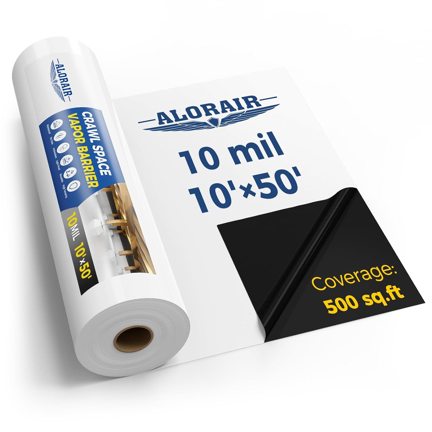 Detalle de ALORAIR Crawl Space Vapor Barrier, 10 mil, 10' x 50' Black/White Film