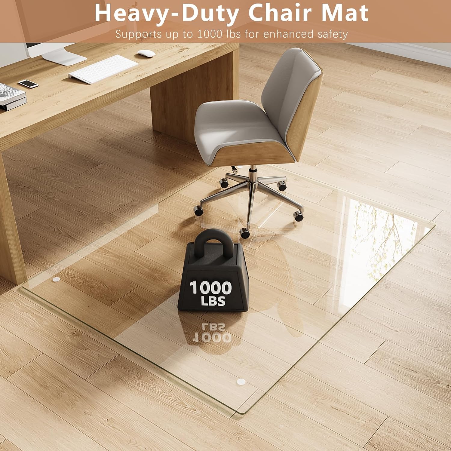 Detalle de MYSUNORIA Transparent Glass Chair Mat 46x60, 46" x 60", 0.19-Inch Tempered Glass