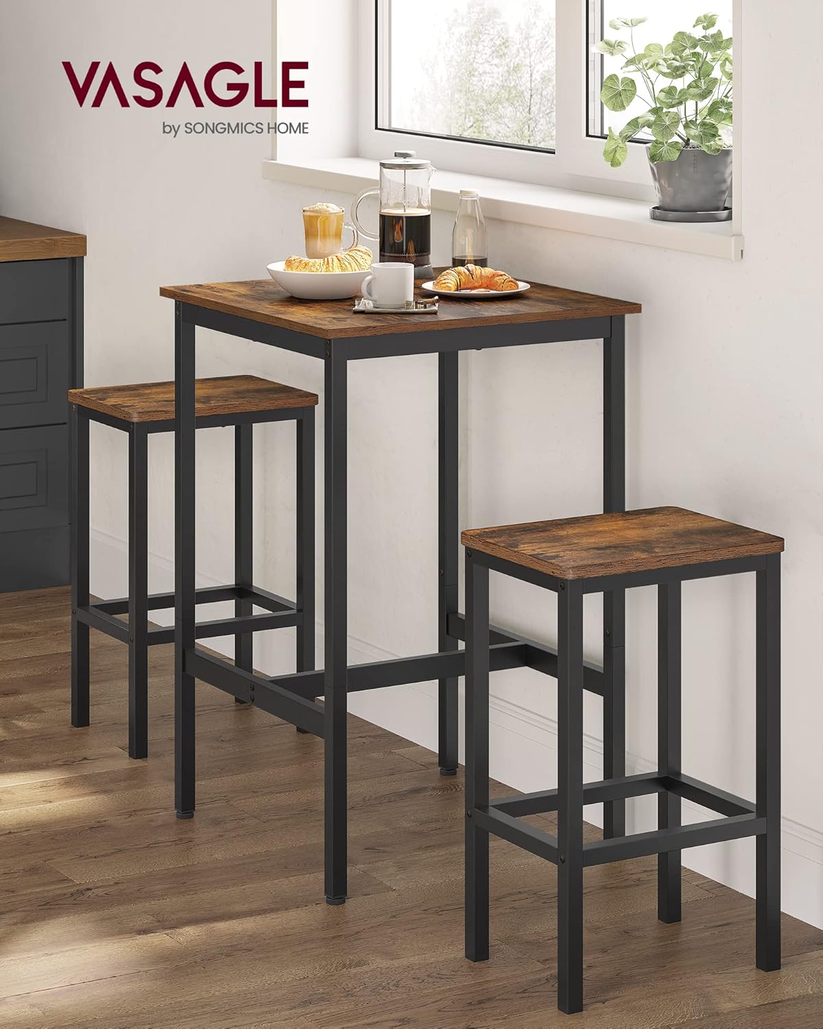 Detalle de VASAGLE Tavolo Bar con 2 Sgabelli – Set cucina compatto 60x60x90 cm, Marrone Vintage e Nero LBT017B01