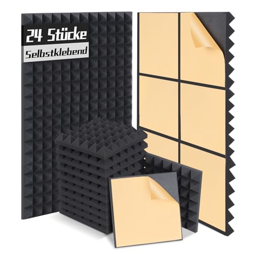 Detalle de AUSLET Akustikschaumstoff Schalldämmung – Hochdicht Pyramidenschaumplatten, Selbstklebend, Schwarz, 24 Stück (30 × 30 × 5 cm)