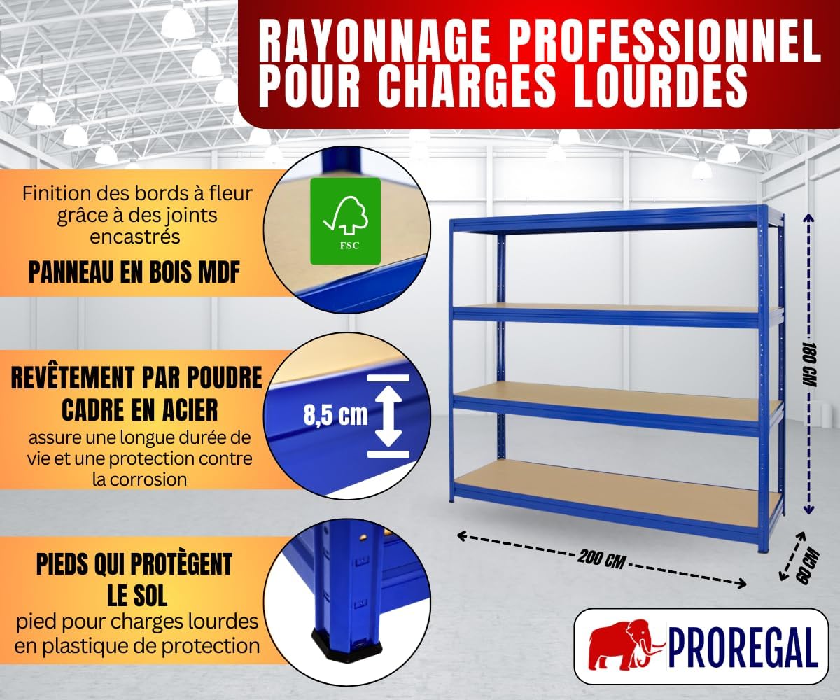 Detalle de PROREGAL Étagère Charge Lourde Dino 180x200x60 cm – Rayonnage robuste en acier et MDF, 500 kg par niveau