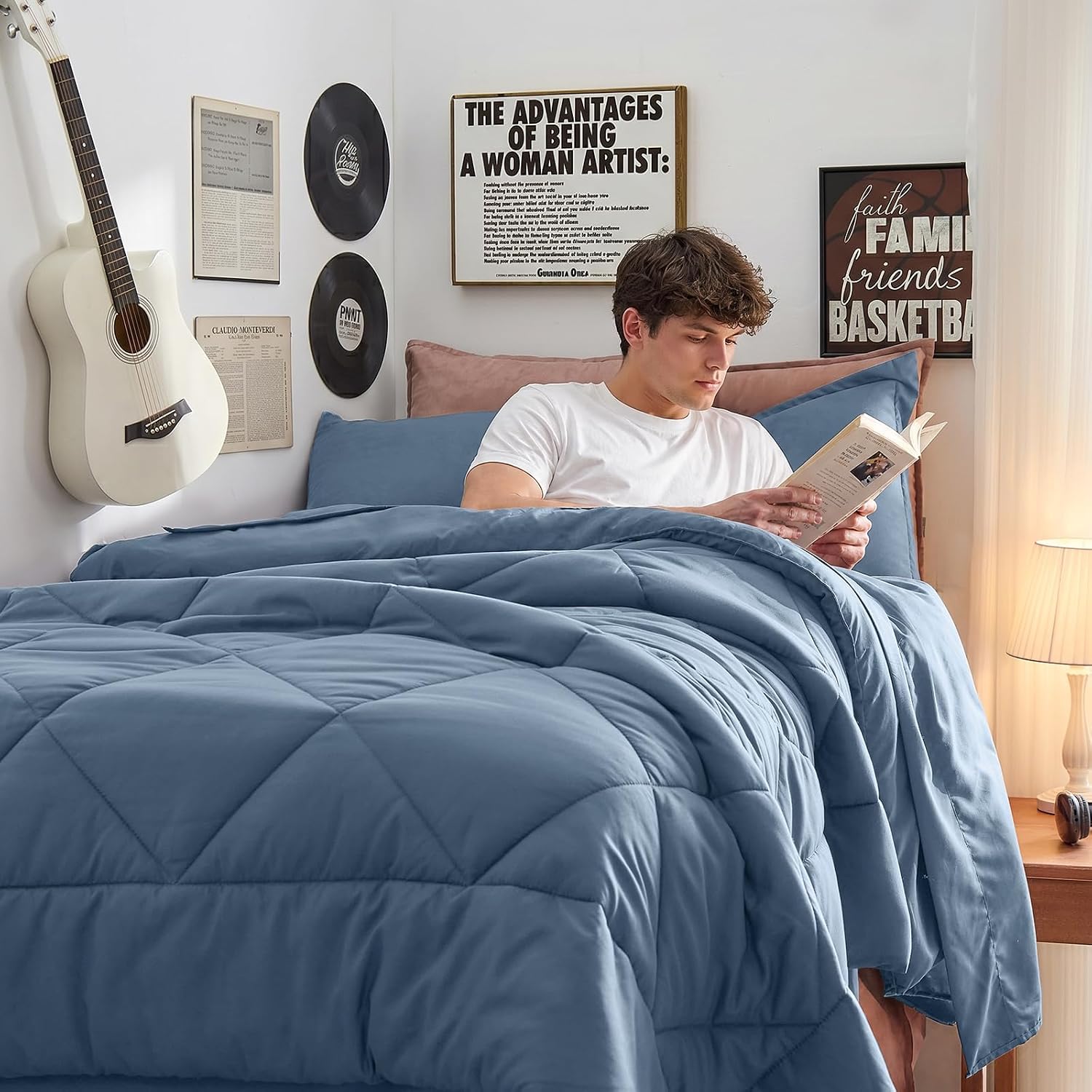 Detalle 1 de HEVUMYI Twin XL Comforter Set, Dusty Blue Reversible 5-Piece Bed in a Bag