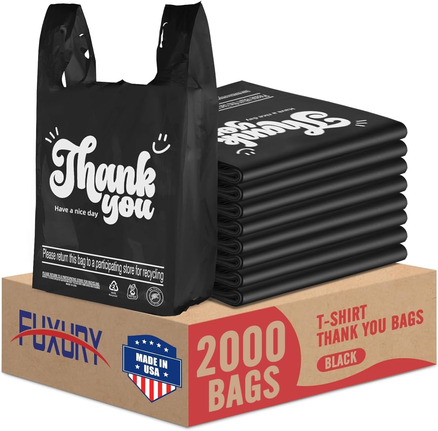 Detalle de Fuxury FU#3041 Black Plastic T-Shirt Bags, 2,000 Count, 11.5" x 6.5" x 21