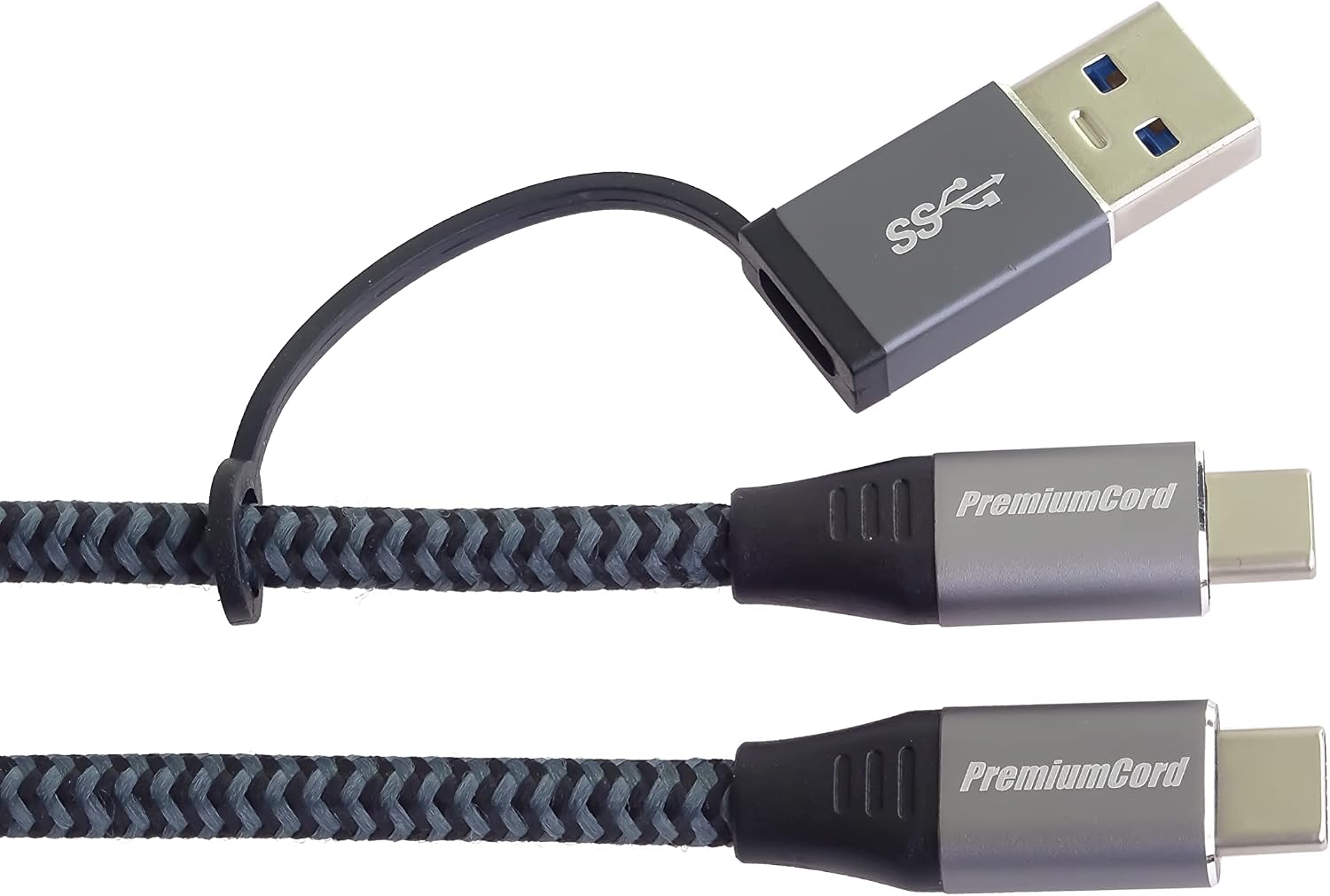 Detalle 2 de PremiumCord USB-C 3.2 Gen 2x2 Verbindungskabel (2 m) – USB-C zu USB-C + USB-A, 20 Gbit/s, 100 W, PD/QC