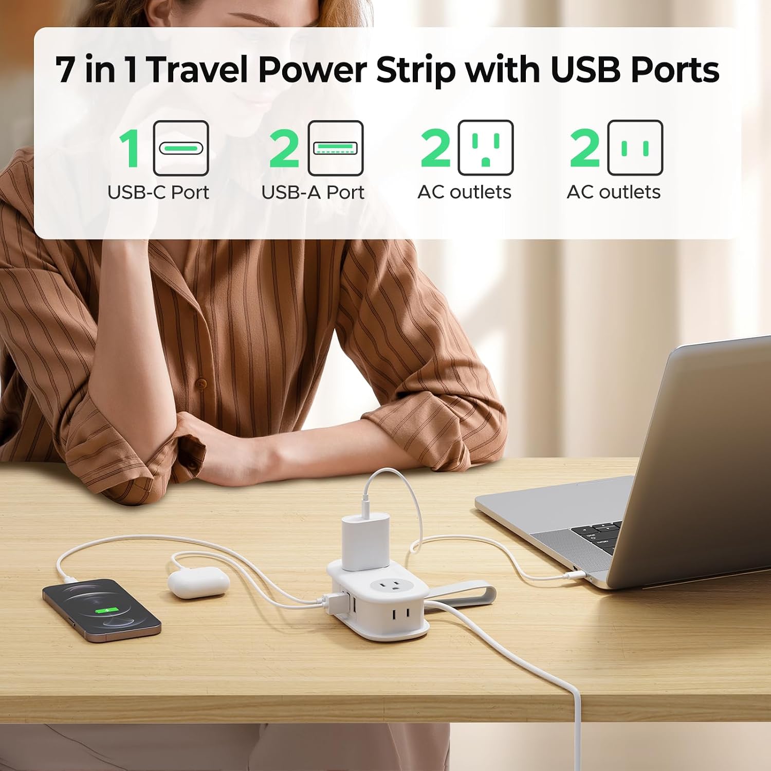 Detalle 2 de ORICO AP3-4A2U1C Travel Power Strip, 4 Outlets, 3 USB Ports, 4-ft Cord