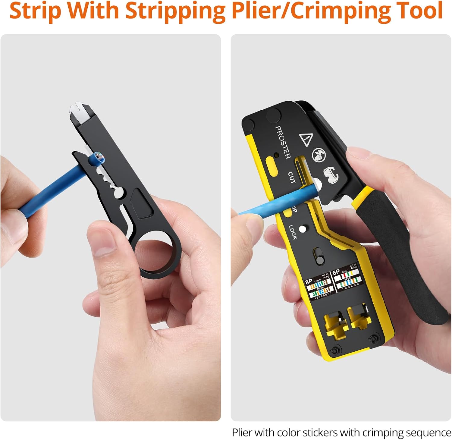 Detalle de Proster Kit pinza crimpatrice RJ45 CAT6 pass-through + spelafili + tester (50 connettori e coperture)