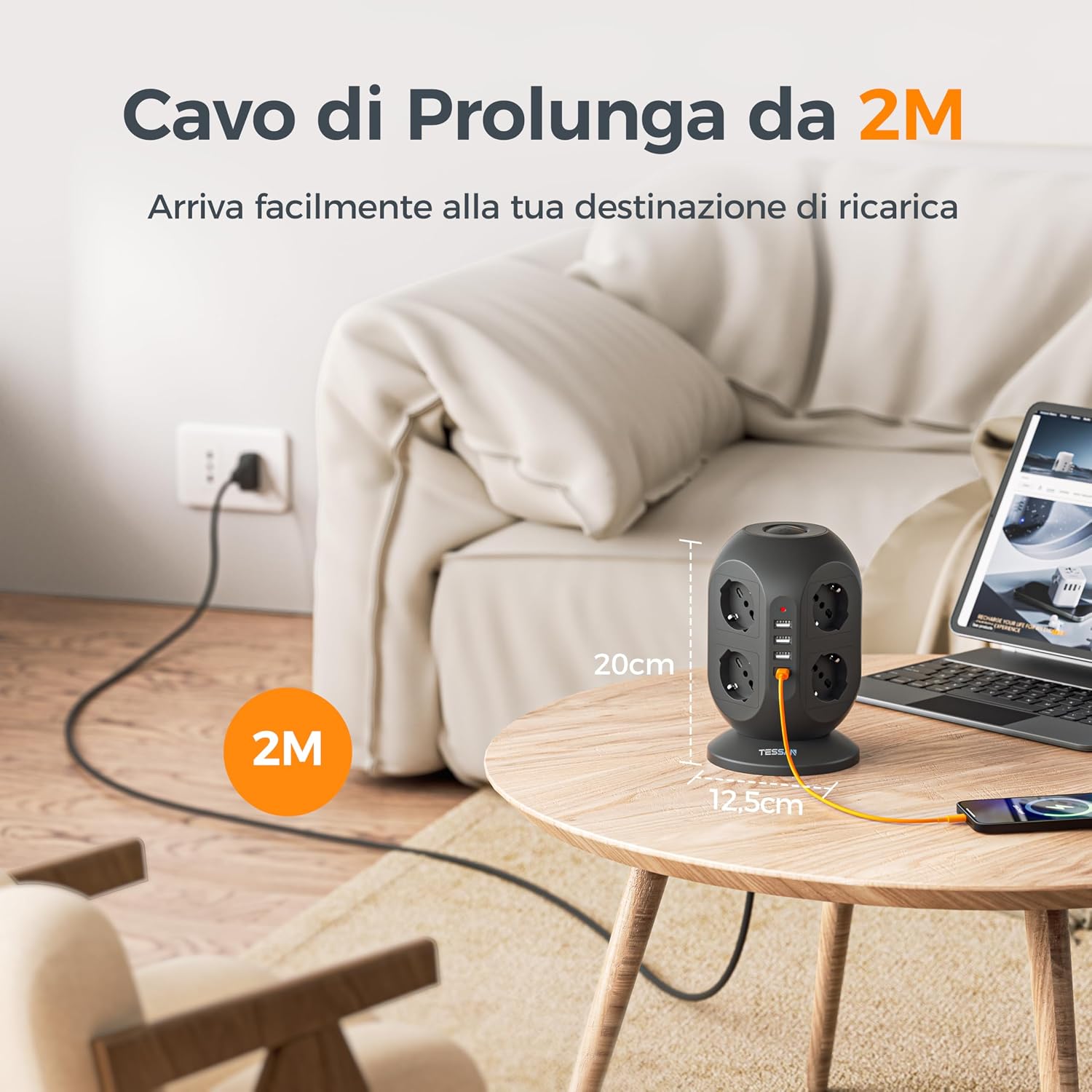 Thumbnail 4 de TESSAN Ciabatta Multipresa 8 Schuko con 4 USB | Torretta con prolunga 2m e interruttore
