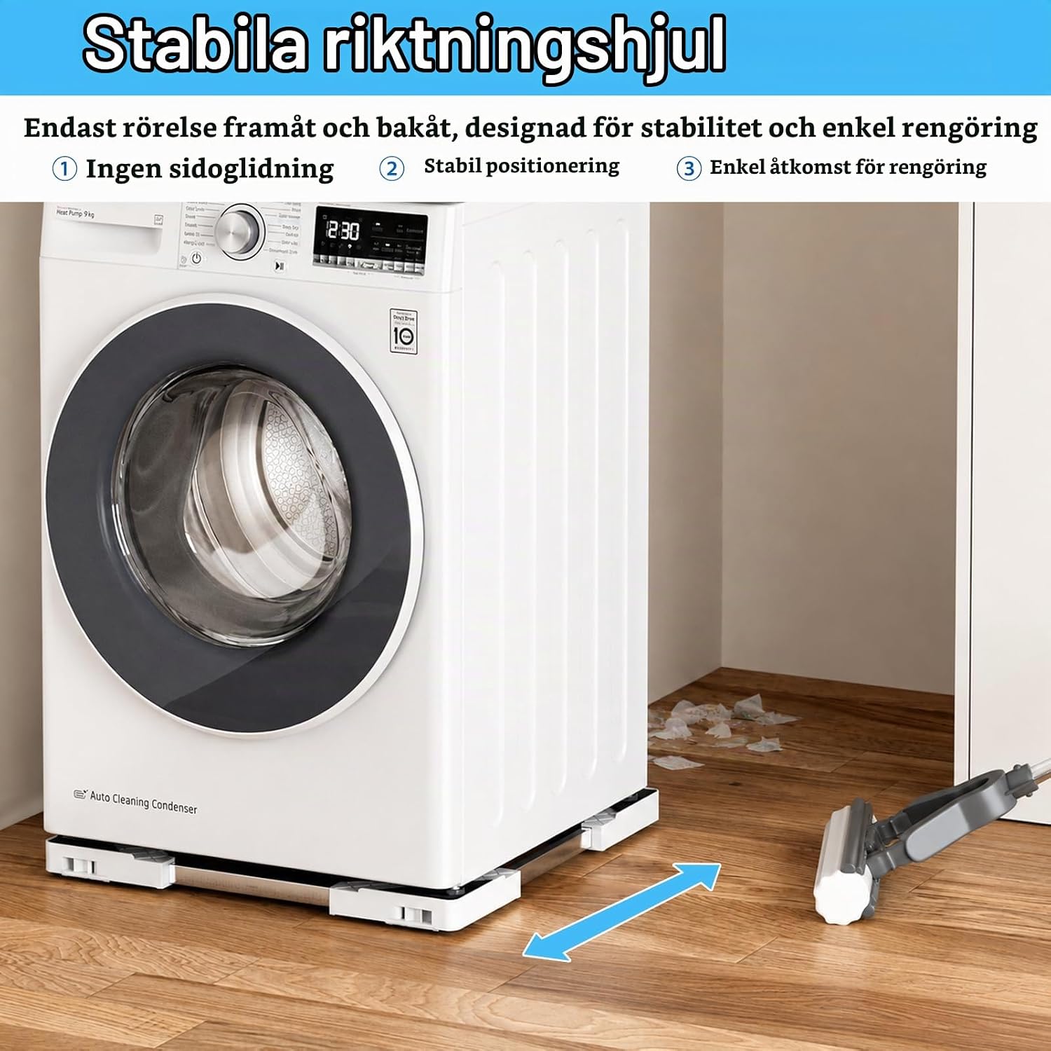 Detalle de DEWEL DW-6328 tvättmaskinsunderrede med 16 hjul, justerbar bredd och låsning