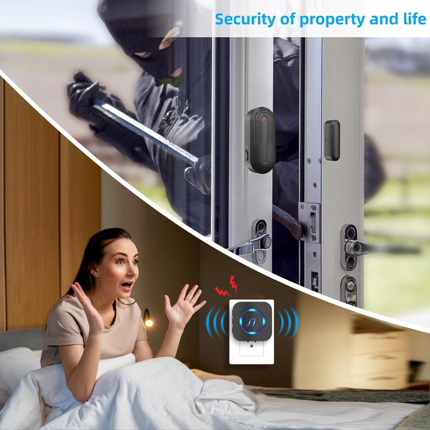Thumbnail 1 de SANJIE wireless door alarm sensor chime (black) with 500ft range, 55 ringtones and 1 UK plug receiver