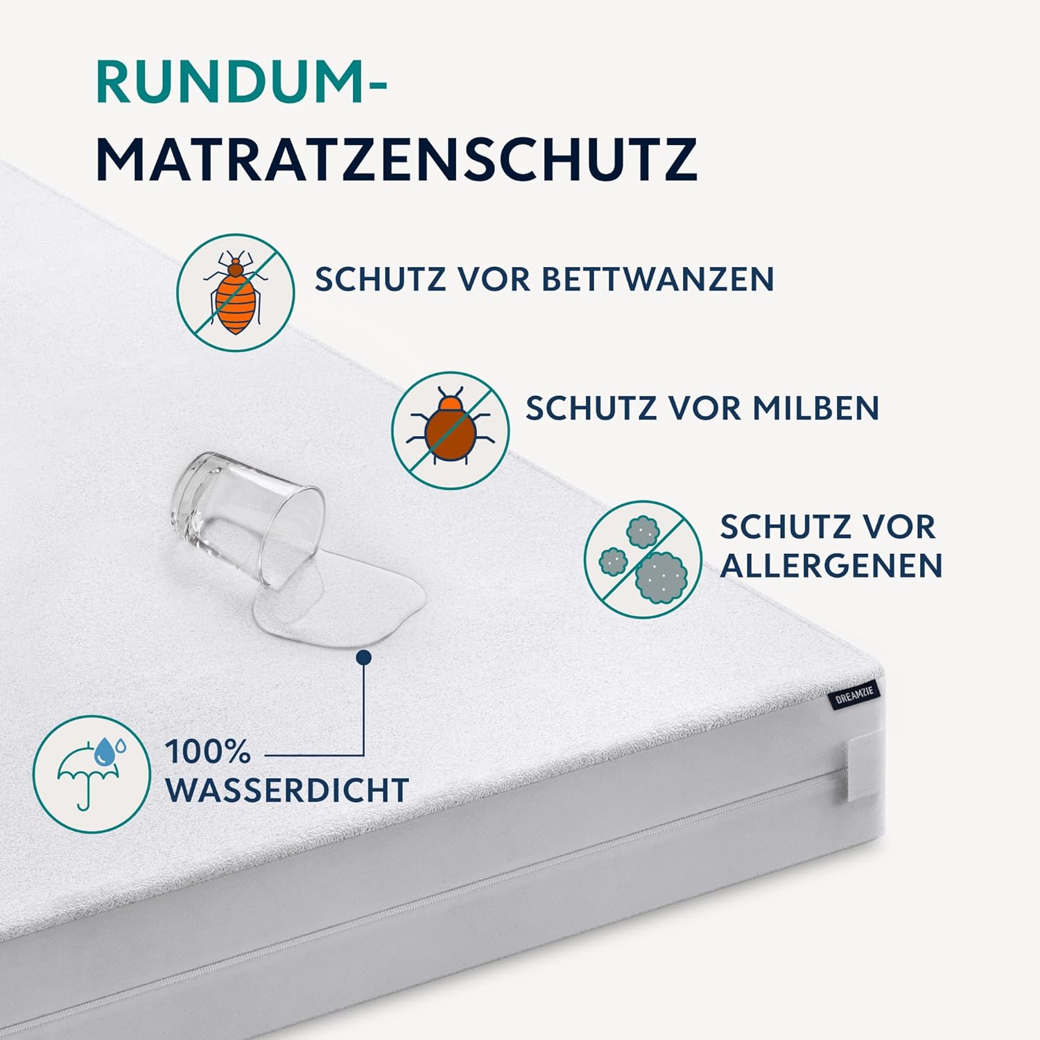 Detalle 2 de Dreamzie Matratzenbezug 180x200x20 cm gegen Milben und Bettwanzen – wasserdicht mit Reißverschluss