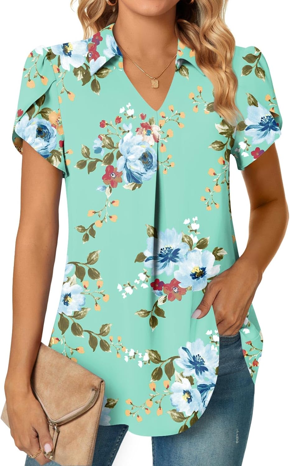 Detalle de Aodemo Women Summer Dressy Chiffon Collared V-Neck Pleated Short Sleeve Blouse