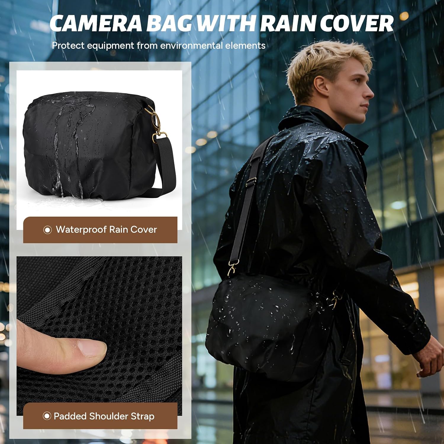 Detalle de RAINSMORE Kameratasche Spiegelreflex (klein) mit Regenschutzhülle – Canvas Sling-Fototasche