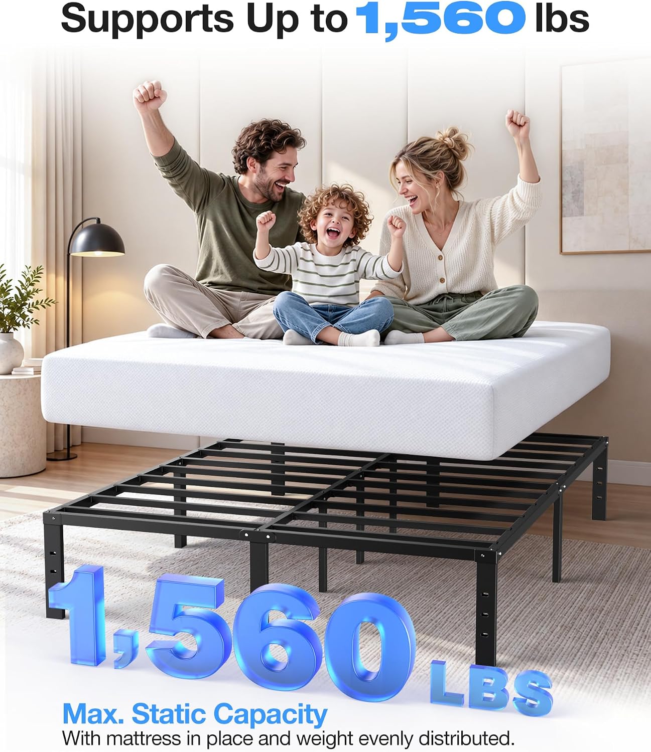 Detalle de YORWEN BF-Queen-14 Queen Metal Platform Bed Frame, 12.4-Inch Storage