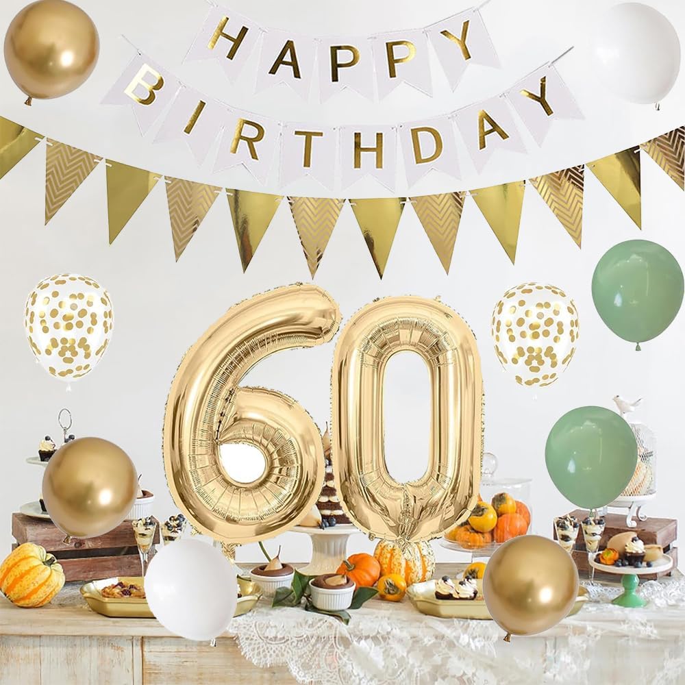 Thumbnail 5 de Luftballon 60. Geburtstag – XXL Folienballon 60 + Dekor-Set in Sage Grün, Weiß und Gold