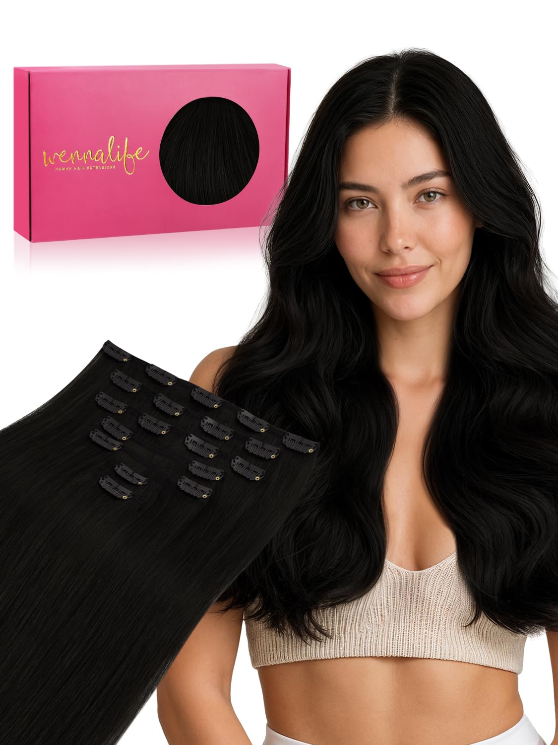 Detalle de WENNALIFE 22-inch Clip-in Hair Extensions (Remy Human Hair) – Jet Black, 150g with Clips (9 pcs)