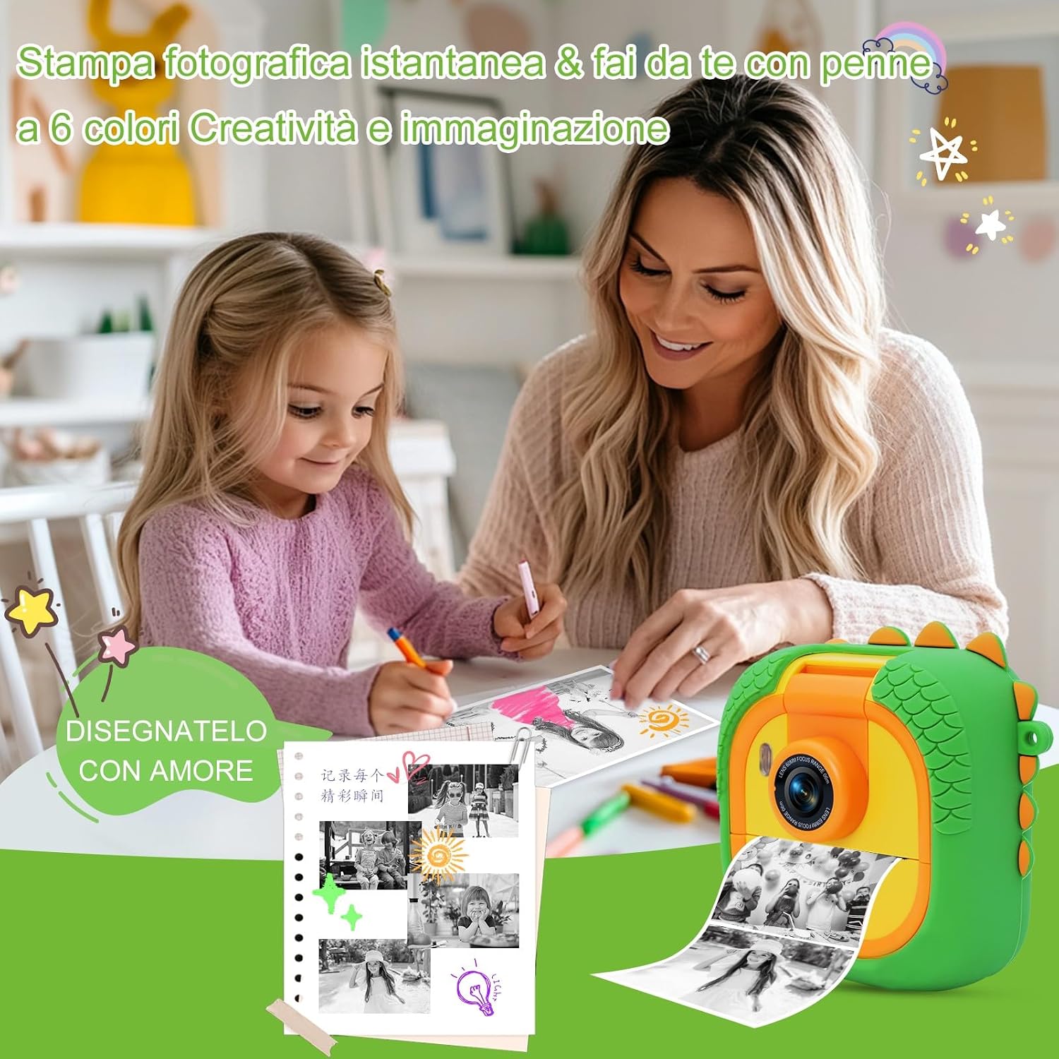 Detalle de ARNSSIEN Macchina Fotografica Bambini istantanea con obiettivo 180° flip e schermo 2,4" (1080P) – kit con carta e colori
