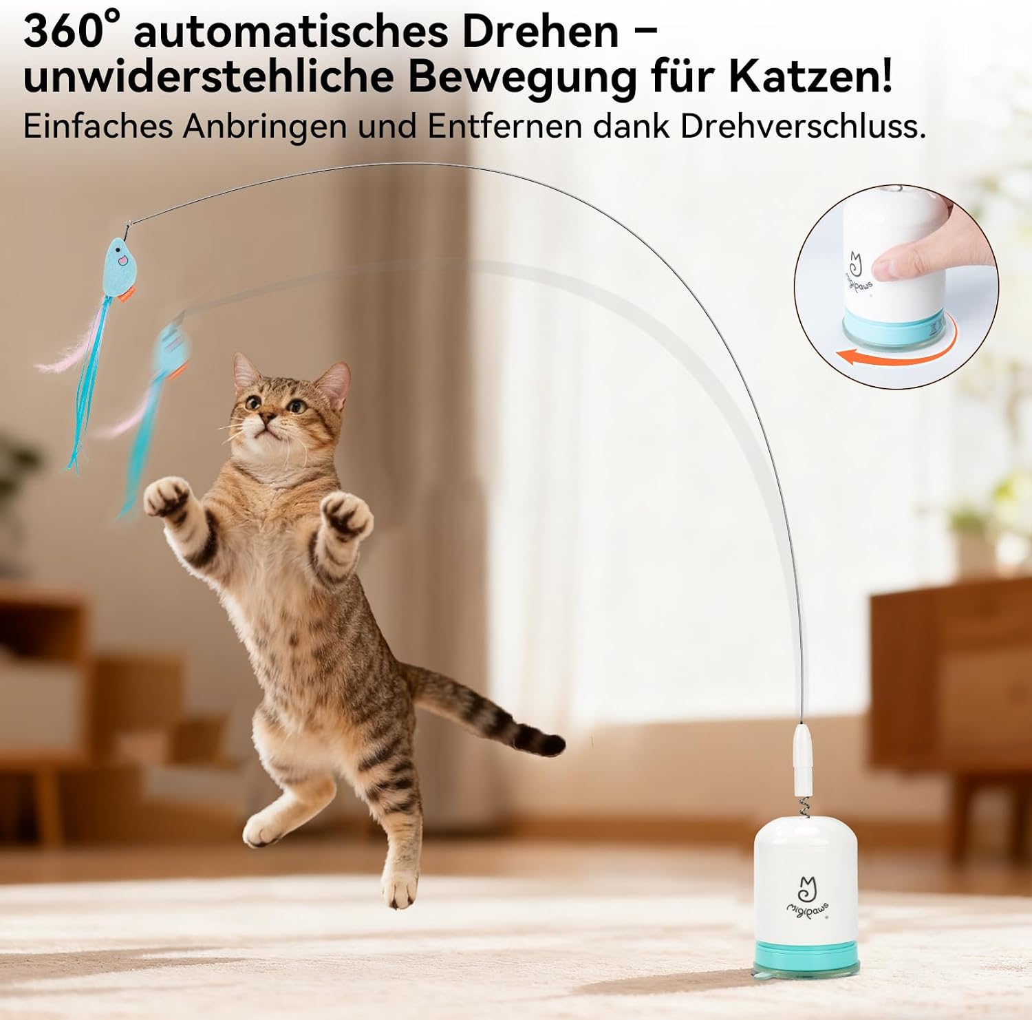Detalle 2 de Migipaws Interaktives Katzenspielzeug mit starkem Saugnapf, 70 cm Draht & Auto-Timer