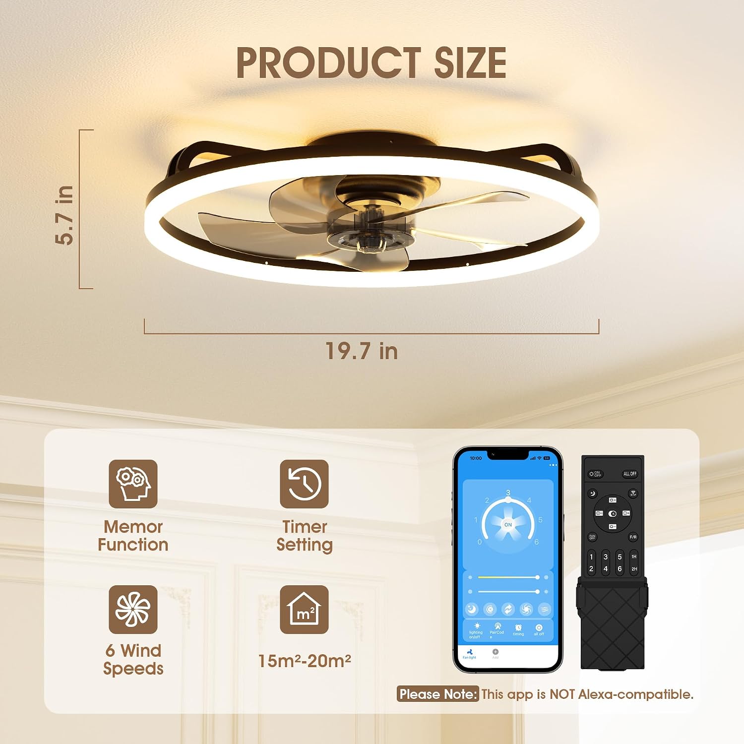 Thumbnail 4 de NIORSUN Ceiling Fans with Lights and Remote (50cm, 6 Speeds, 3000K–6500K Dimmmable, 3600LM)