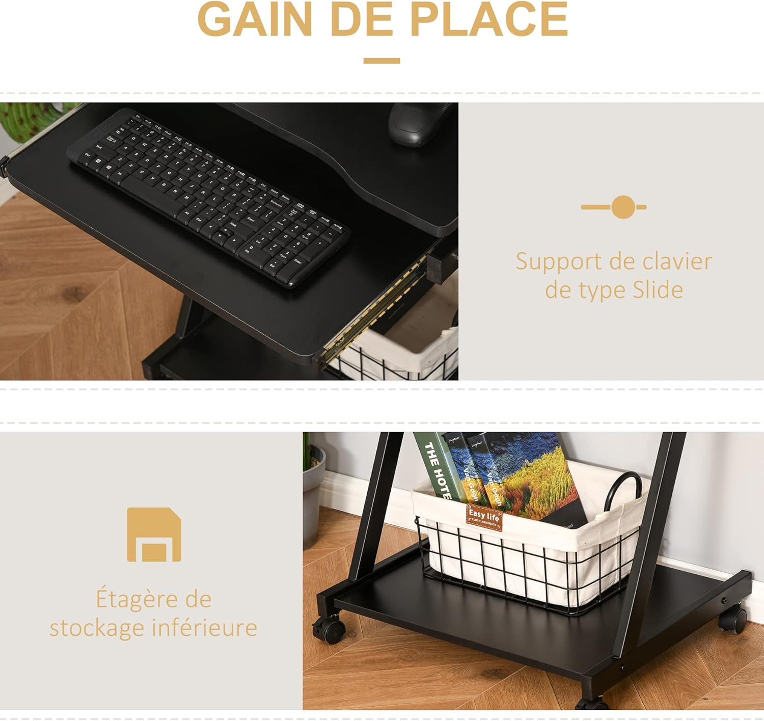 Thumbnail 4 de HOMCOM bureau informatique roulant mobile avec tablette coulissante clavier et étagère (noir)