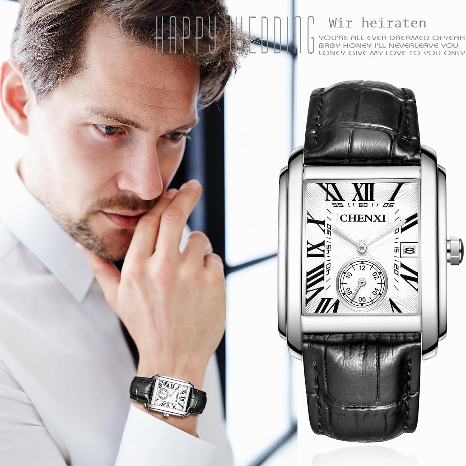 Detalle 2 de JewelryWe Herren Uhr Analog Quarz Kalender – Rechteckiges Design, Lederarmband