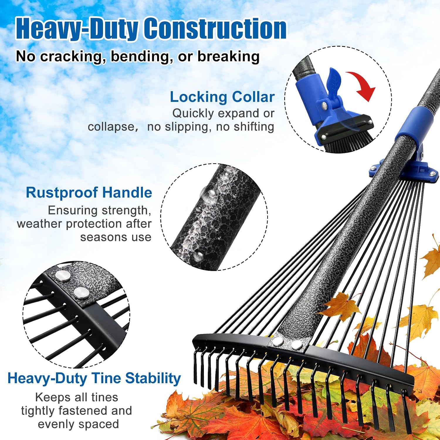 Thumbnail 6 de DEROFIT 18chiSSLYP-SLS-5jie Garden Rake, 67-Inch Metal Handle, Expandable Head