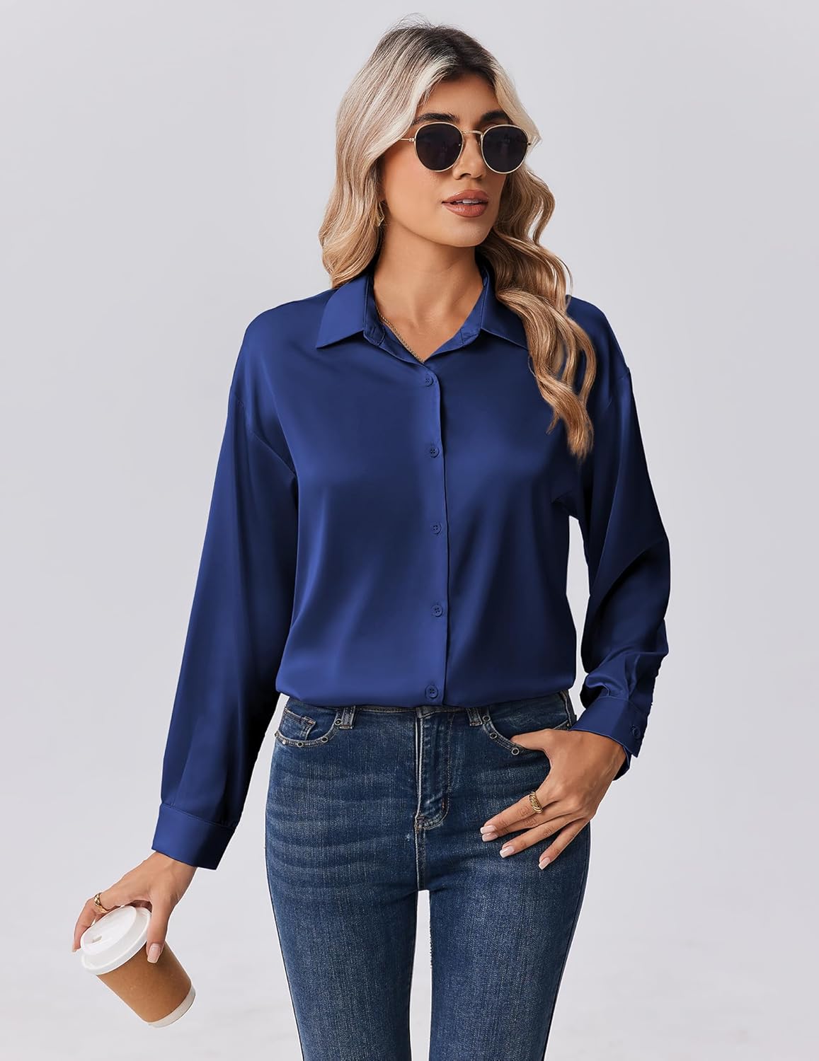 Detalle de Zeagoo Women's Satin Silk Button-Down Long Sleeve Shirt