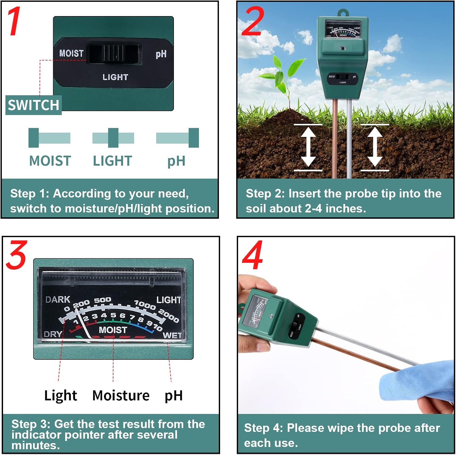 Detalle de Rngeo 3-in-1 Soil Tester, 2-Pack for pH, Light and Moisture