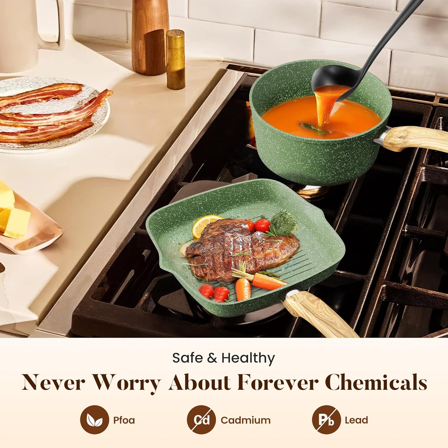 Thumbnail 2 de Kitchen Academy 17-Piece Induction Cookware Set with Griddle – Green Granite Nonstick, Healthy Cooking