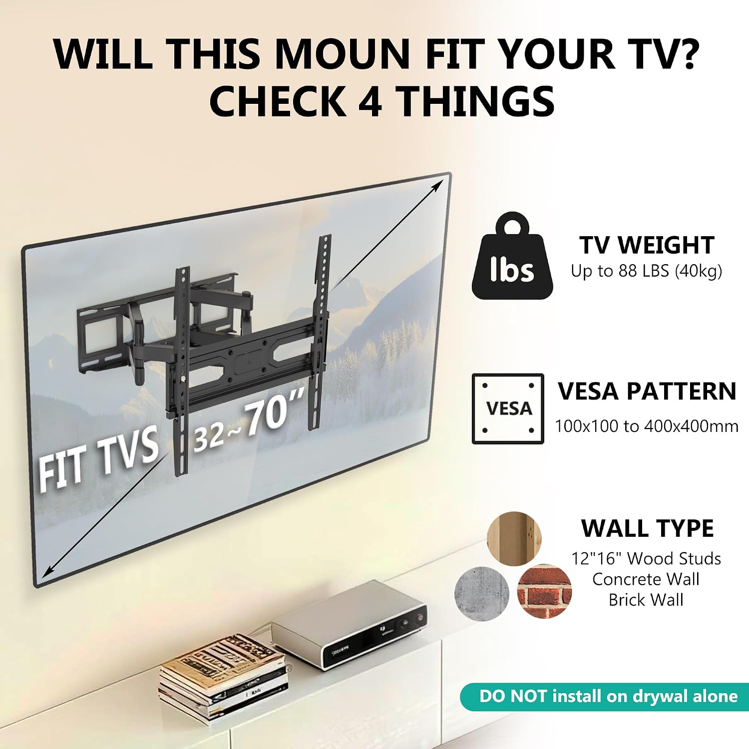 Detalle de WALI Full Motion TV Wall Mount for 32–70 Inch TVs: Dual Arm, Swivel, Tilt & Extension