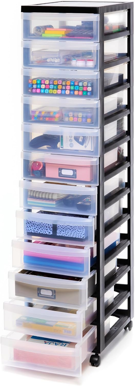 Iris Ohyama Cassettiera in Plastica con ruote DC-012, 12 cassetti piccoli Nero