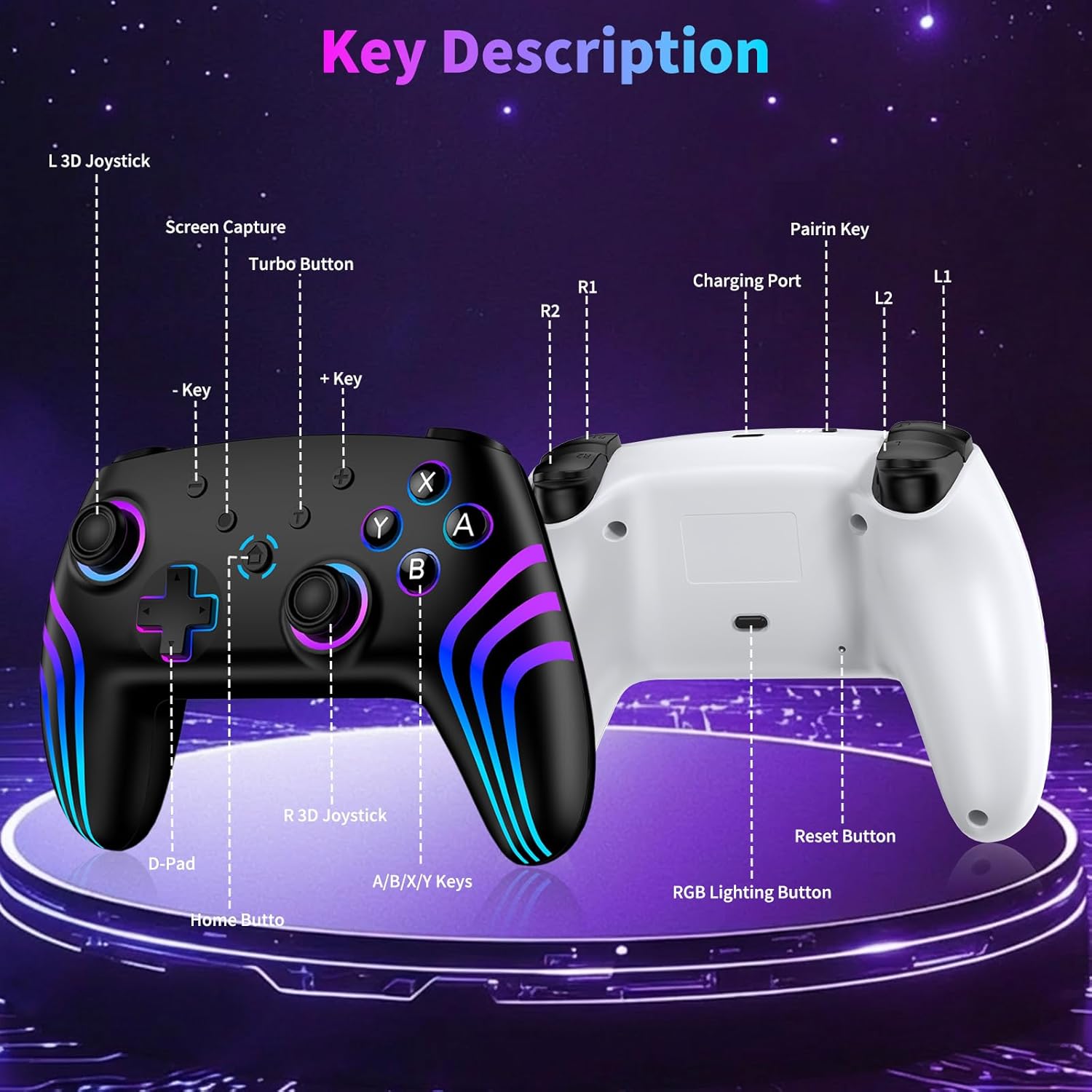 Thumbnail 6 de VidPPluing 2 Pack Switch Controllers: RGB Wireless Pro Controllers for Switch, Switch 2, Lite, and OLED