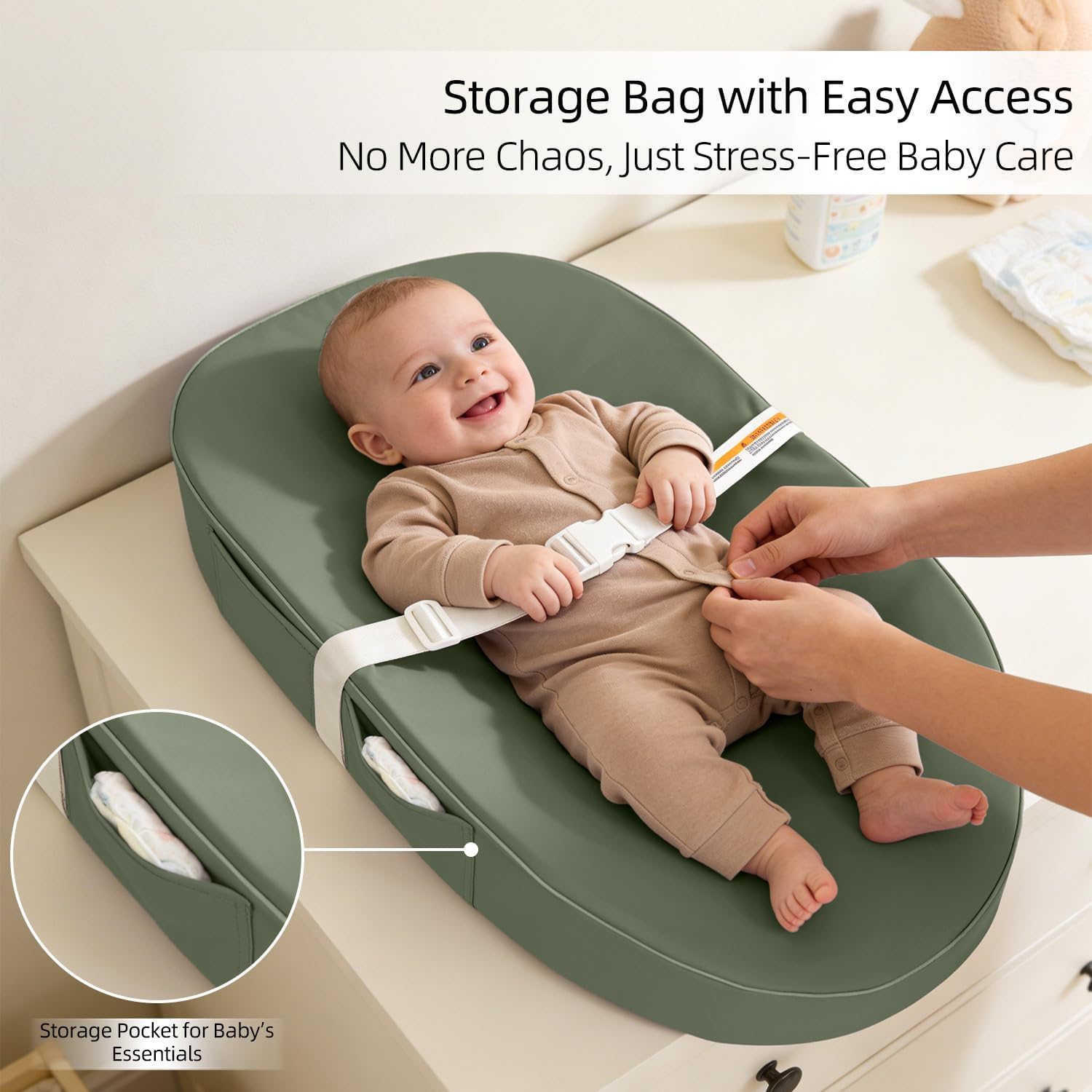 Thumbnail 4 de JVEOO Waterproof Vegan Leather Baby Changing Pad, Dark Green, Wipeable with Safety Strap
