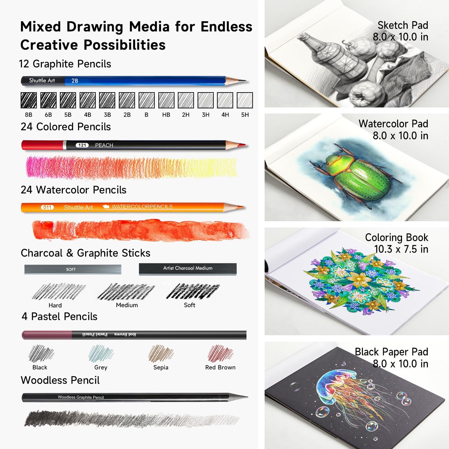 Thumbnail 2 de 116 Pack Sketching and Drawing Pencils Set by Shuttle Art (SA SS116) with 4 Pads