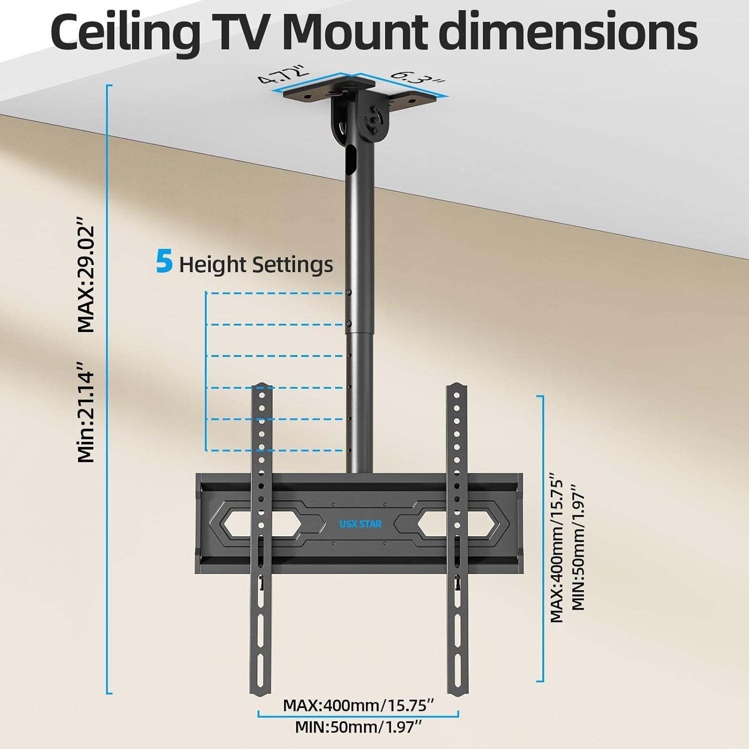 Thumbnail 4 de USX STAR Ceiling TV Mount (26–65 in) | 360° Swivel Full-Motion, Height-Adjustable, Max VESA 400x400
