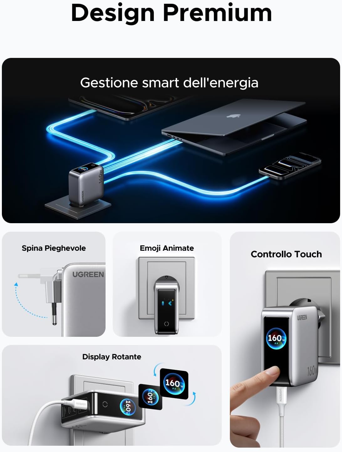 Detalle 2 de UGREEN Nexode Pro 160W: Caricatore USB-C a 4 porte con schermo TFT e GaN Infinity II
