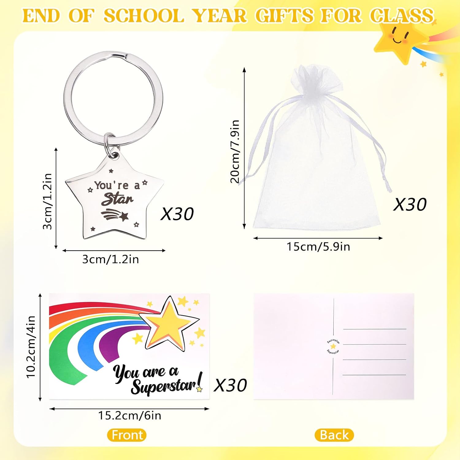 Detalle de GADITIEK 30-Set Gifts for Students from Teachers: Star Keyrings with Encouragement Cards and Organza Pouches