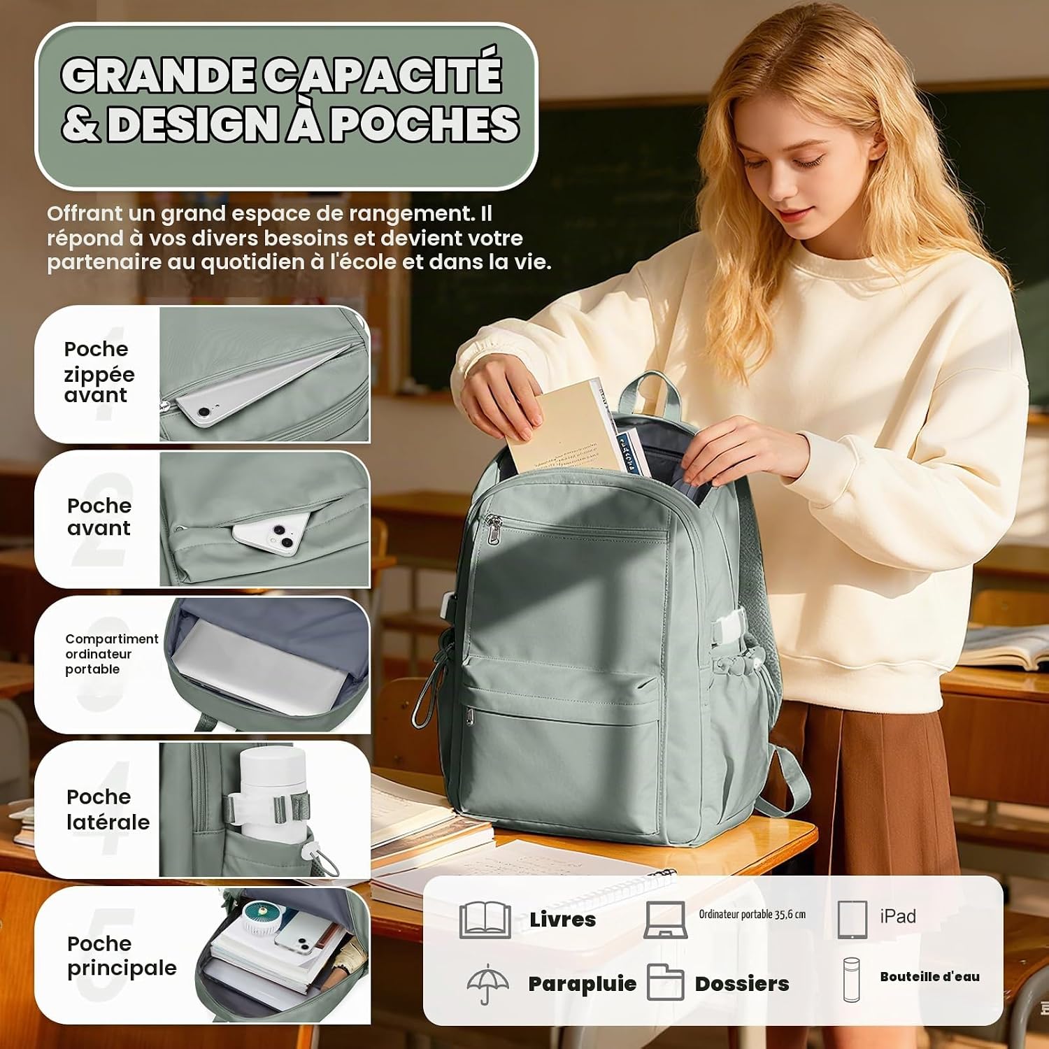 Detalle de BOXSAM schoolrugzak, 24 liter, polyester, laptopvak tot 14 inch