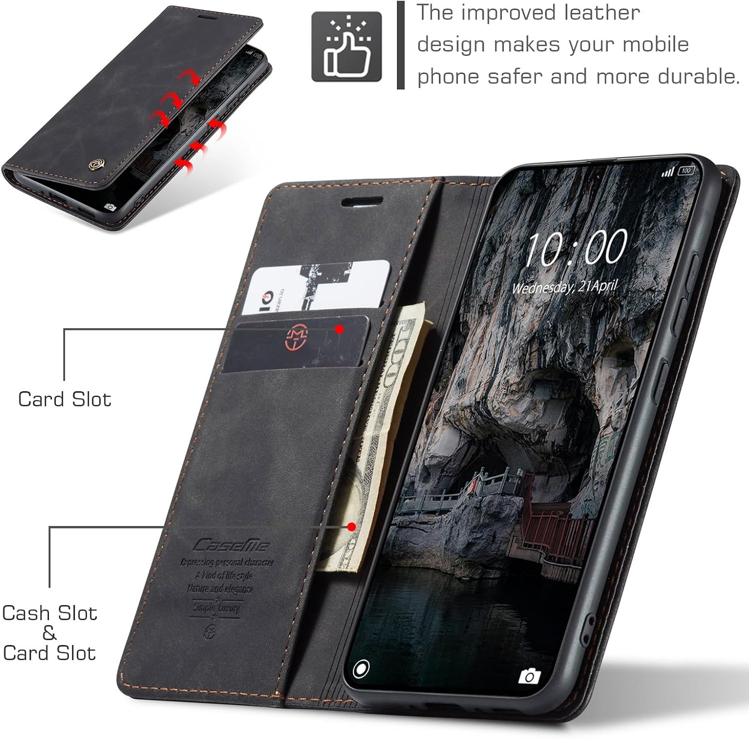 Thumbnail 1 de Cracedily Klapphülle aus Premium-Leder für Xiaomi Mi 15T 5G – Kartenfach, Standfunktion, Schwarz