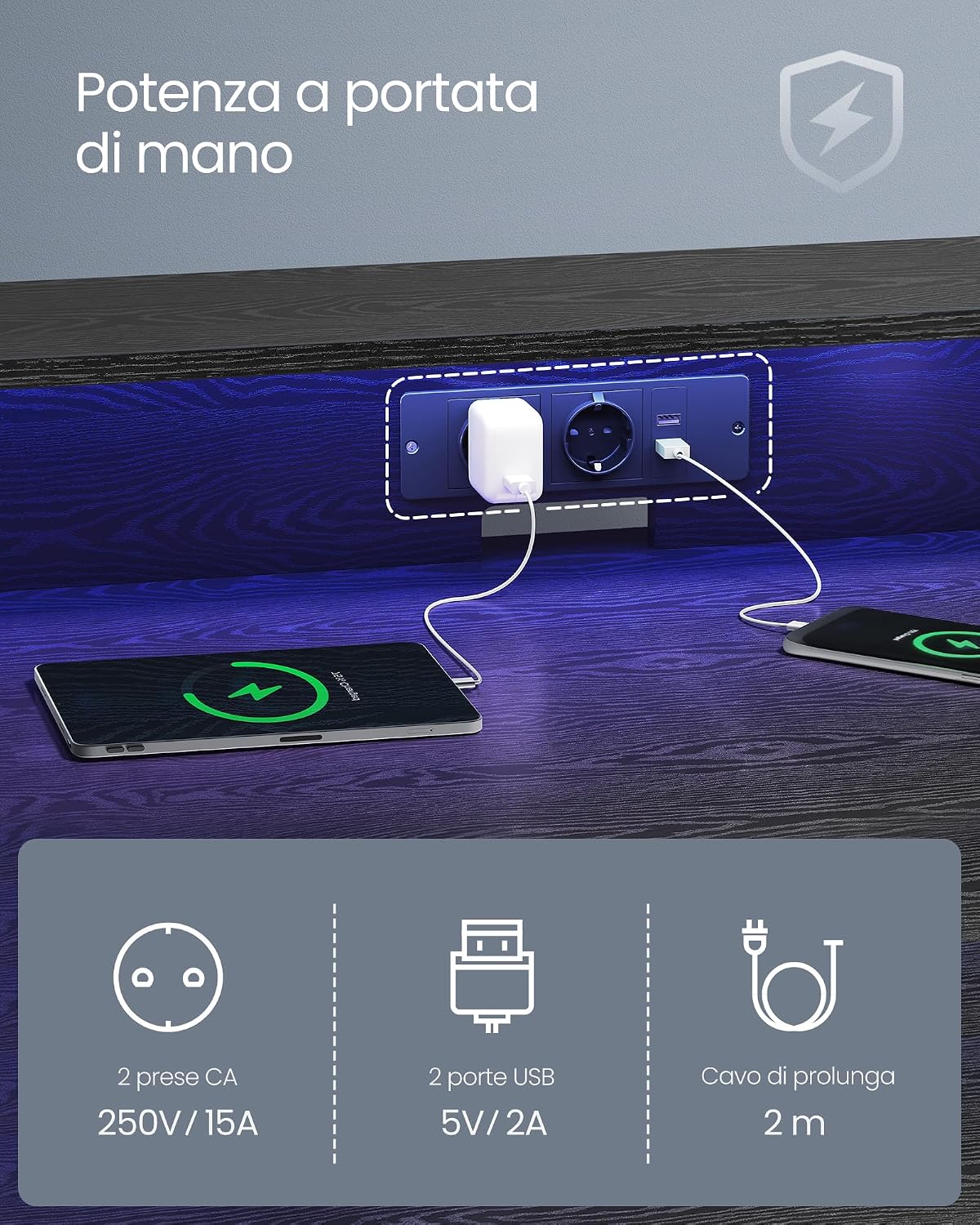 Detalle de VASAGLE Scrivania da gaming LWD192B56 con luci LED, supporto per 2 monitor e prese di corrente, 60 x 120 x 76 cm
