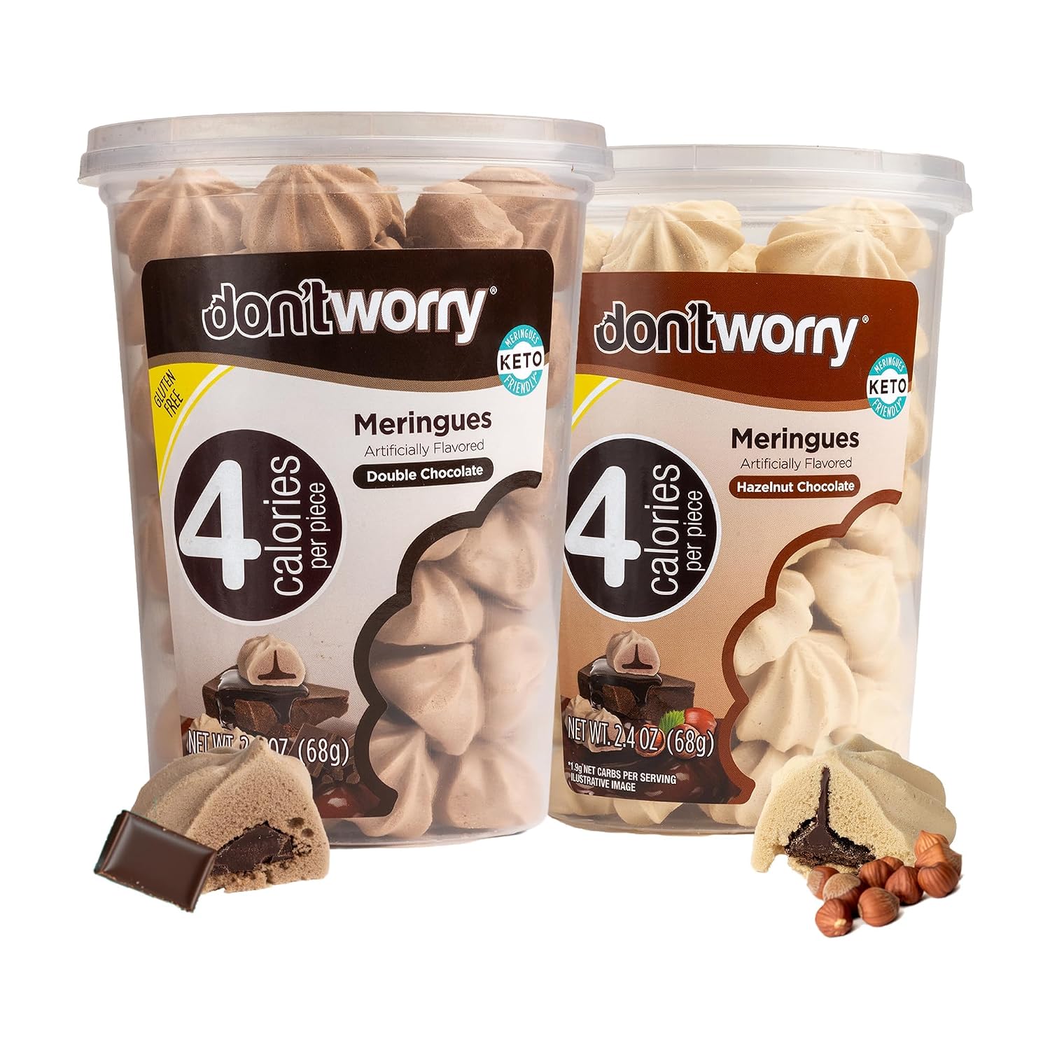 Detalle de Don't Worry Meringue Cookies, Hazelnut Chocolate & Cookies & Cream, 4 Calories Each