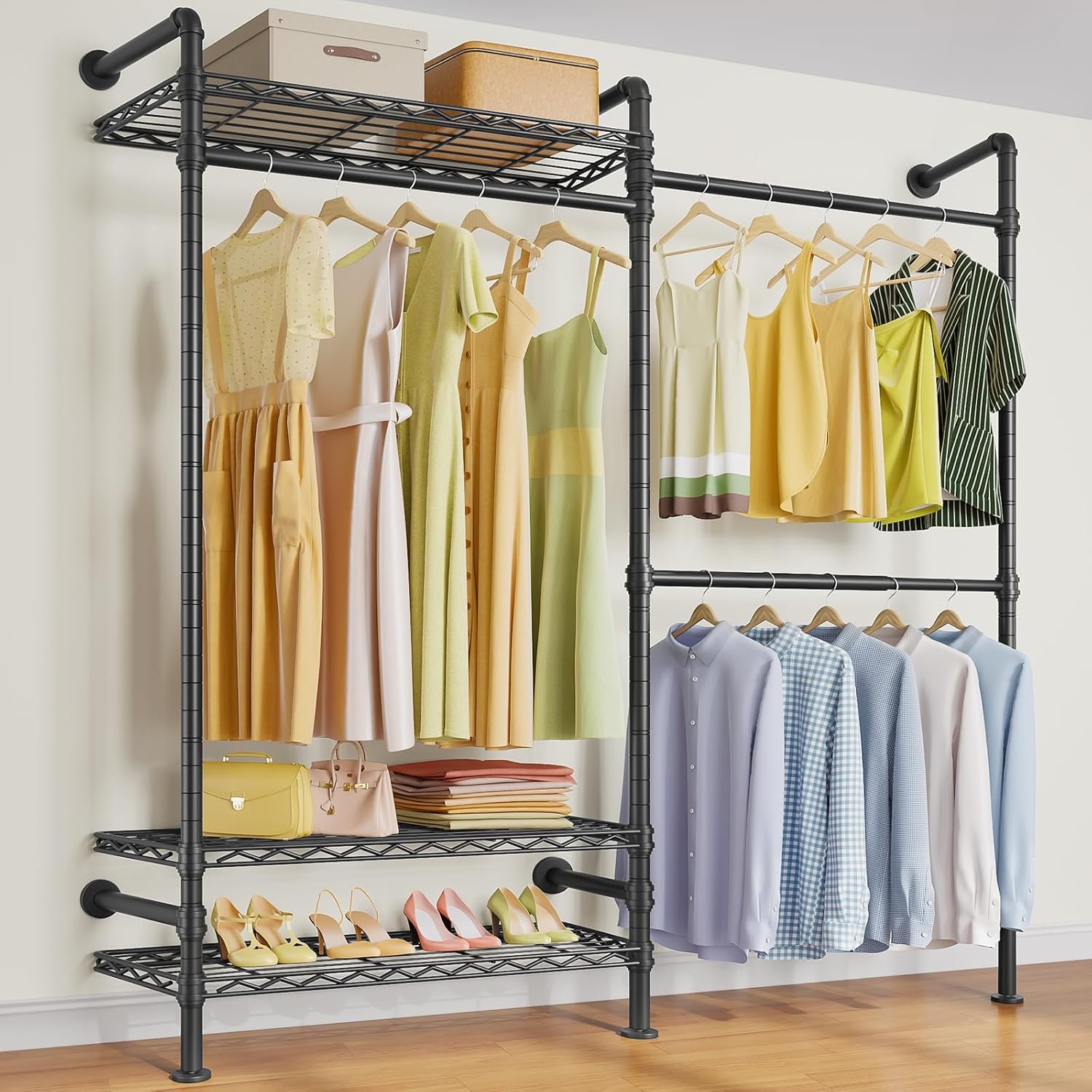 Detalle de Timate F2 Black Industrial Pipe Clothing Rack, 3 Shelves and Expandable Rods