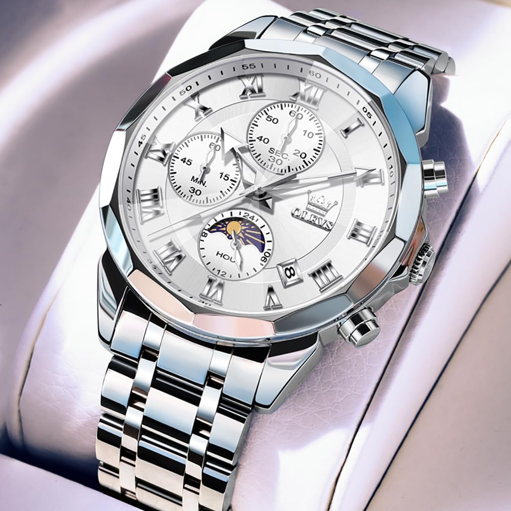 Thumbnail 1 de OLEVS Herren-Uhr Quarz Luxus Multifunktion Chronograph Mondphase Edelstahl